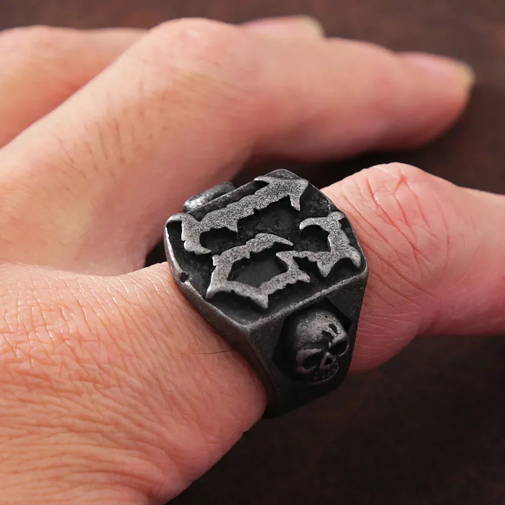 Vleee Punk Hip Hop Lucky Number Ring: Fashioned for Men, this Stainless Steel Skull Ring boasts a Biker Retro style.