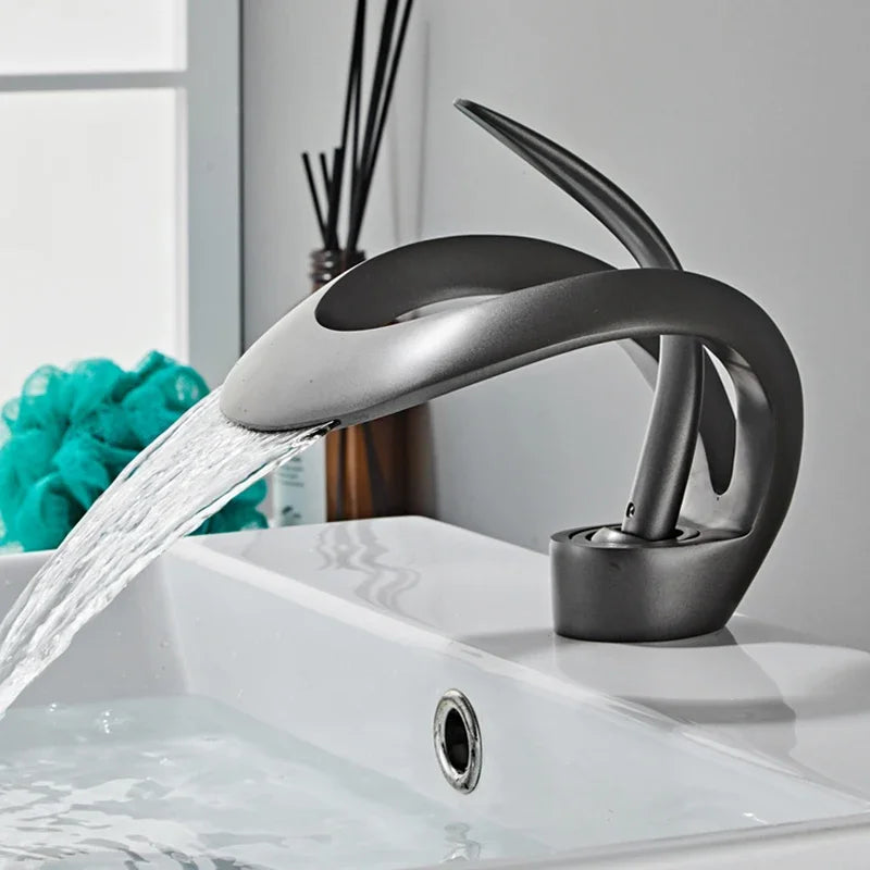 Matte Gold and Black Waterfall Bathroom Basin Faucet – Brass Vanity Sink Mixer Tap for Hot and Cold Water