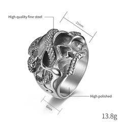 Vleee Snake Skull Ring: A Retro Punk Hip Hop Style Stainless Steel Ring designed for Men.