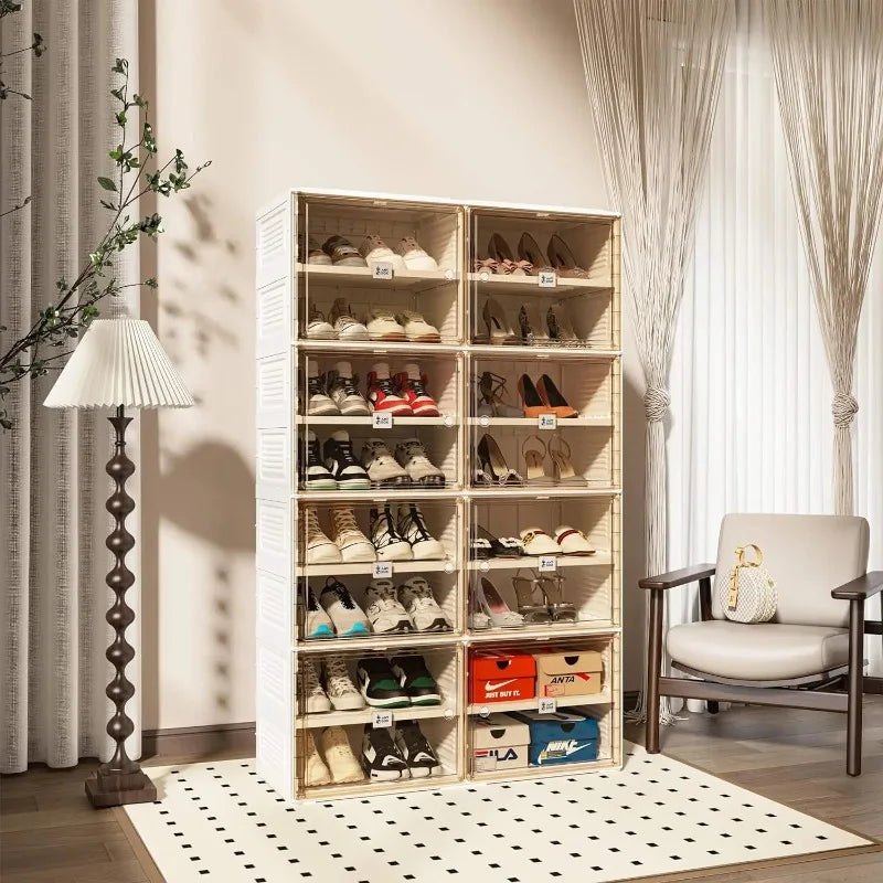 Stackable Portable Shoe Rack Organizer for Closet and Entryway, 8 Tiers, Holds 32 Pairs, Magnetic Clear Door with Lids