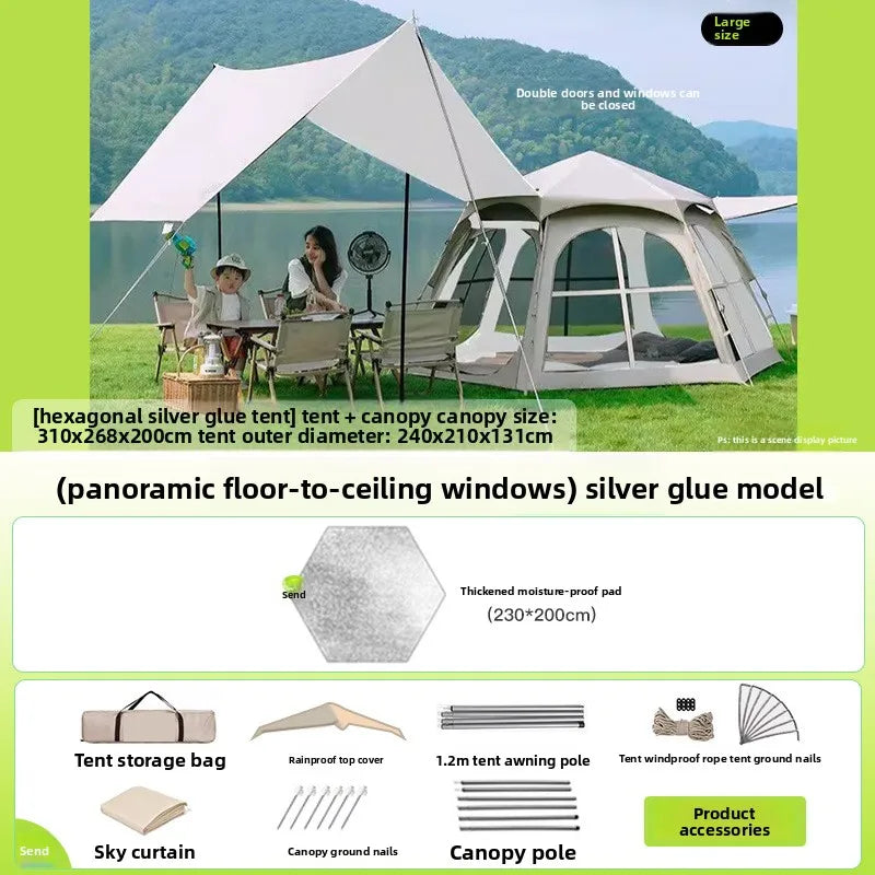 Portable Camping Tent Quick Setup, Foldable Hexagon Sunshade, UV-Proof Black Silver Coated, 3-5 Person Outdoor Shelter
