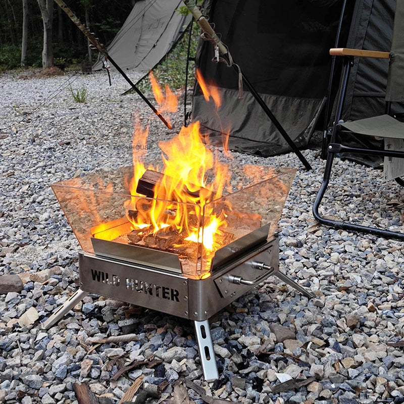 Nordic Stainless Steel Fire Pit Table with BBQ Grill and Glass Wind Guard