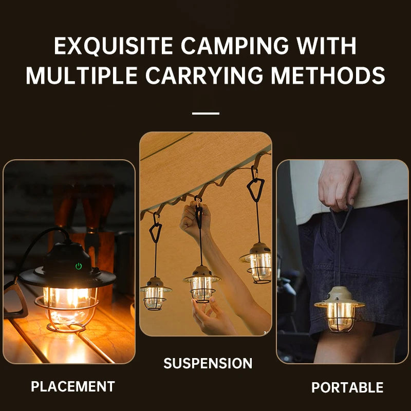 Outdoor Vintage Rechargeable Camping Light – Portable LED Tent Lantern with Type-C Charging