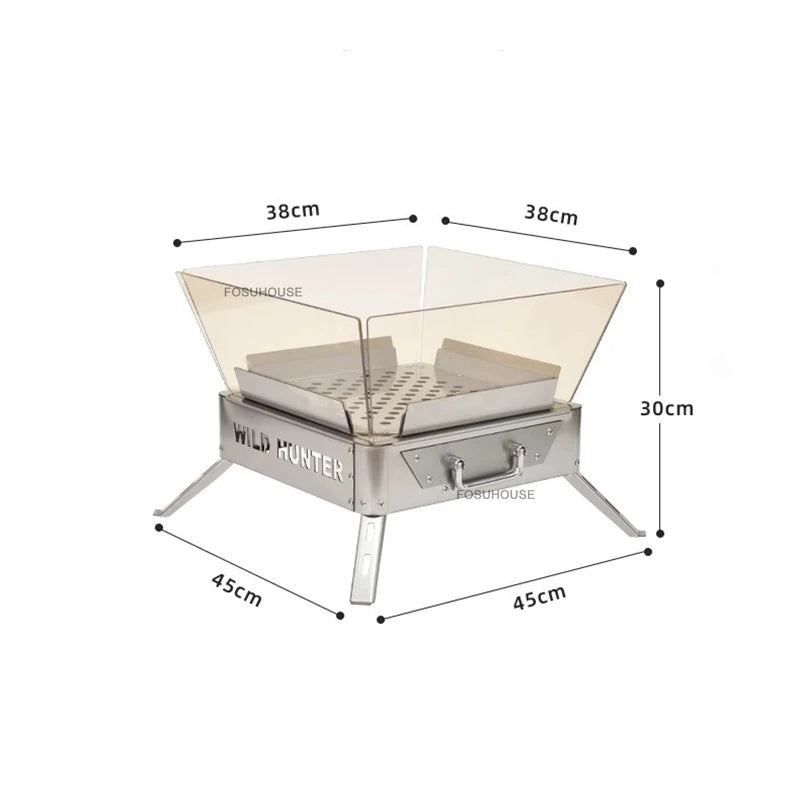 Nordic Stainless Steel Fire Pit Table with BBQ Grill and Glass Wind Guard
