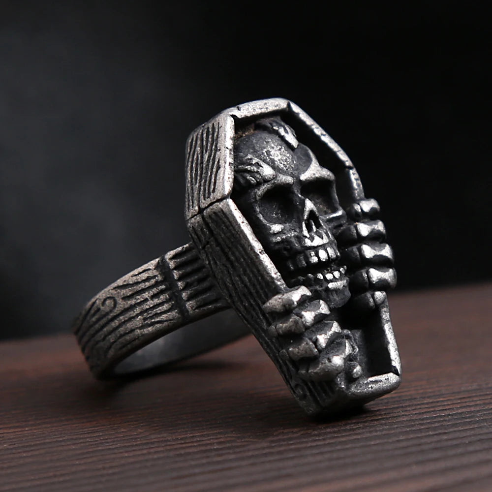 Vleee Vintage Black Vampire Skull Ring: Retro Punk Stainless Steel Fashion, showcasing a Unique Coffin Design for Men.