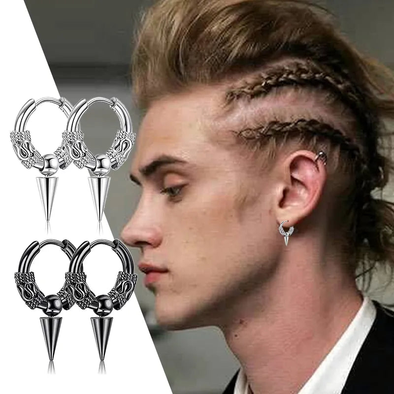 Vleee Gothic Punk Stainless Steel Hoop Earrings: Retro Dragon Pattern for Men and Women in Hip Hop Rock Style.