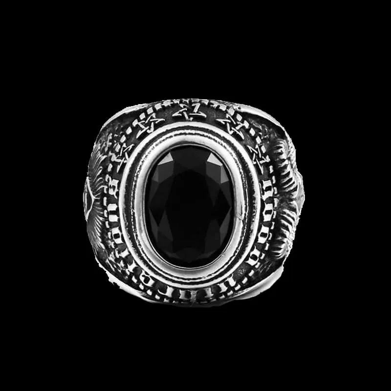 Vleee 316L Stainless Steel God Eye Ring: Biker Punk Goat Ring with Black Stone Accent for a bold and edgy look.