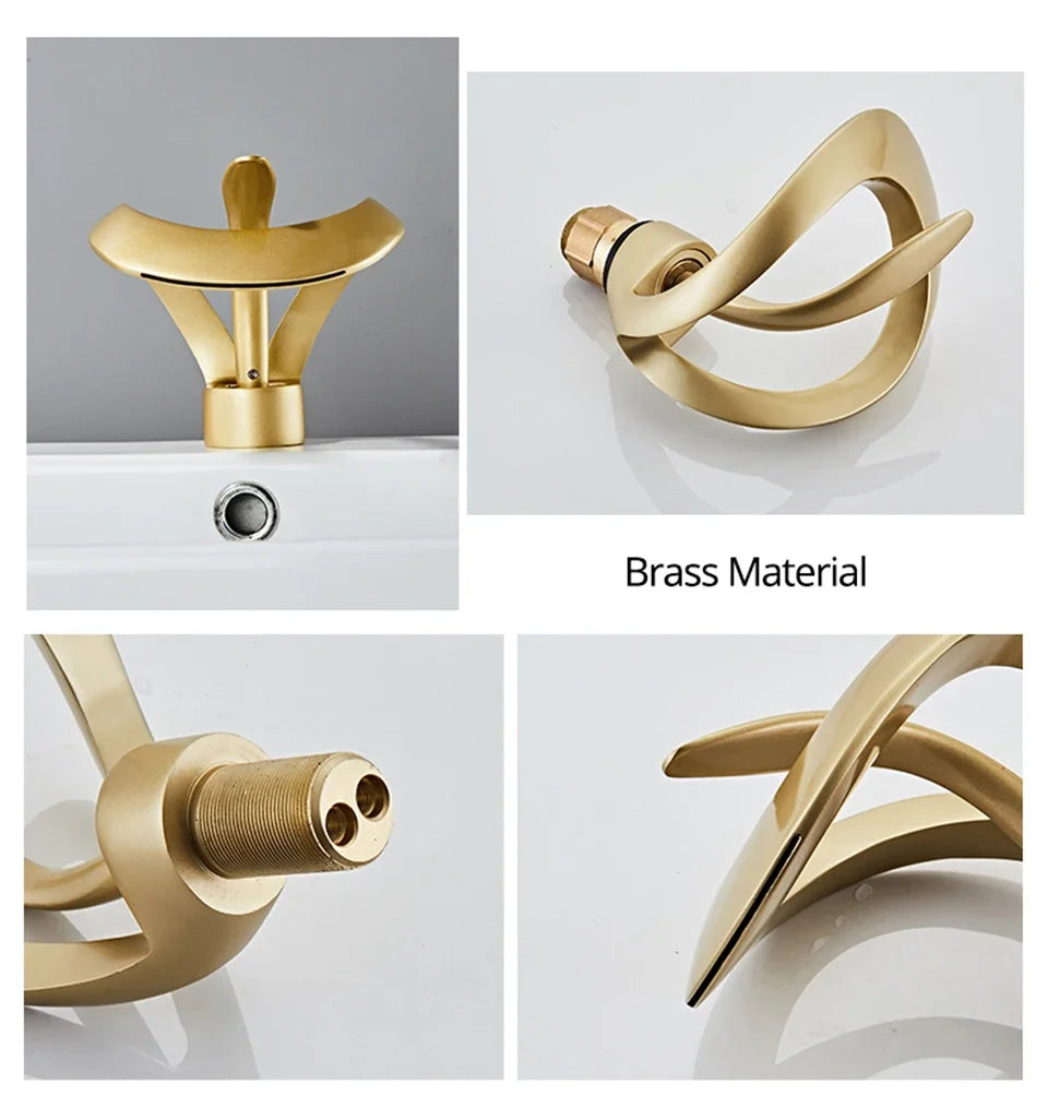 Matte Gold and Black Waterfall Bathroom Basin Faucet – Brass Vanity Sink Mixer Tap for Hot and Cold Water