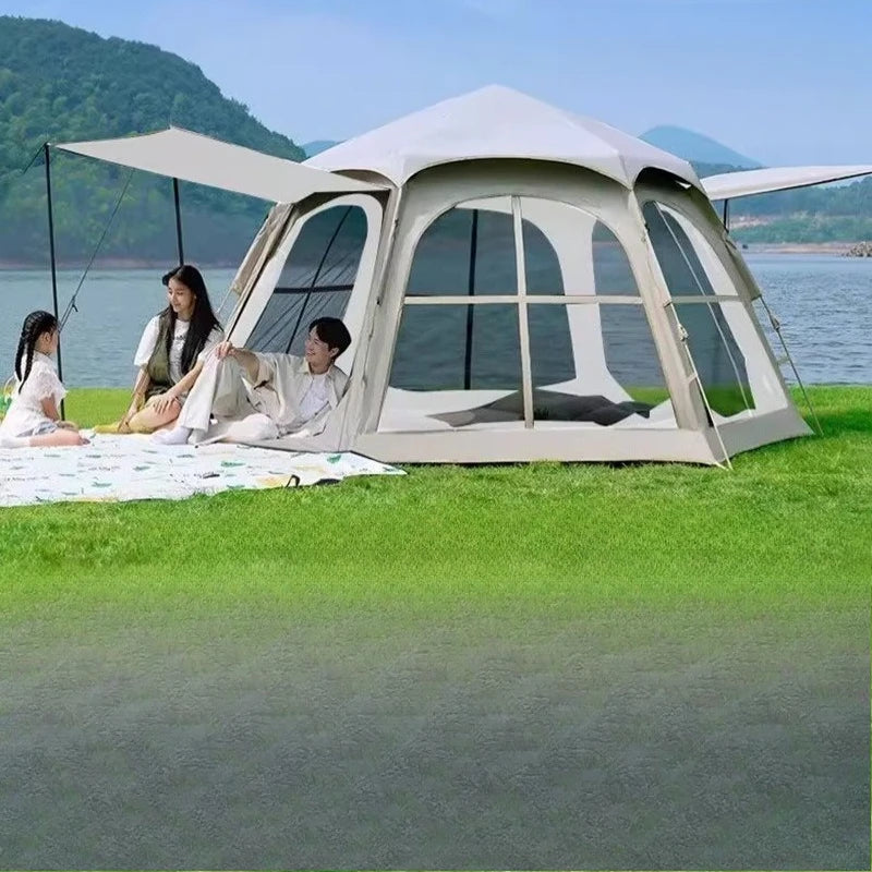 Portable Camping Tent Quick Setup, Foldable Hexagon Sunshade, UV-Proof Black Silver Coated, 3-5 Person Outdoor Shelter