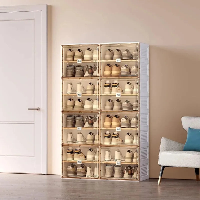Stackable Portable Shoe Rack Organizer for Closet and Entryway, 8 Tiers, Holds 32 Pairs, Magnetic Clear Door with Lids