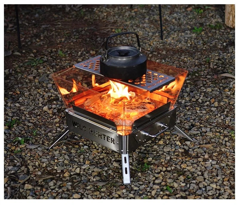 Nordic Stainless Steel Fire Pit Table with BBQ Grill and Glass Wind Guard