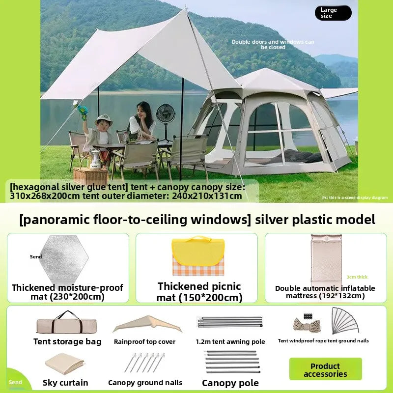 Portable Camping Tent Quick Setup, Foldable Hexagon Sunshade, UV-Proof Black Silver Coated, 3-5 Person Outdoor Shelter