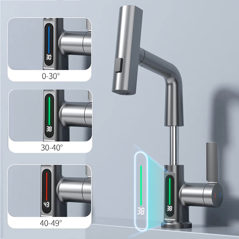 XYlivingstore Waterfall Basin Faucet | Digital Temperature Display & Lift-Up Sprayer
