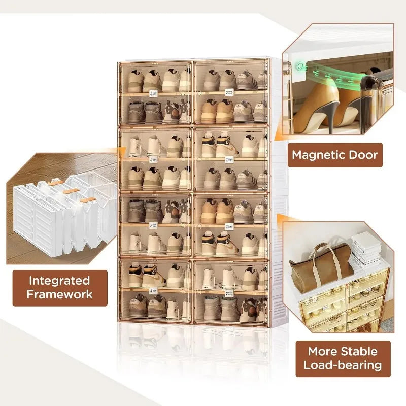 Stackable Portable Shoe Rack Organizer for Closet and Entryway, 8 Tiers, Holds 32 Pairs, Magnetic Clear Door with Lids