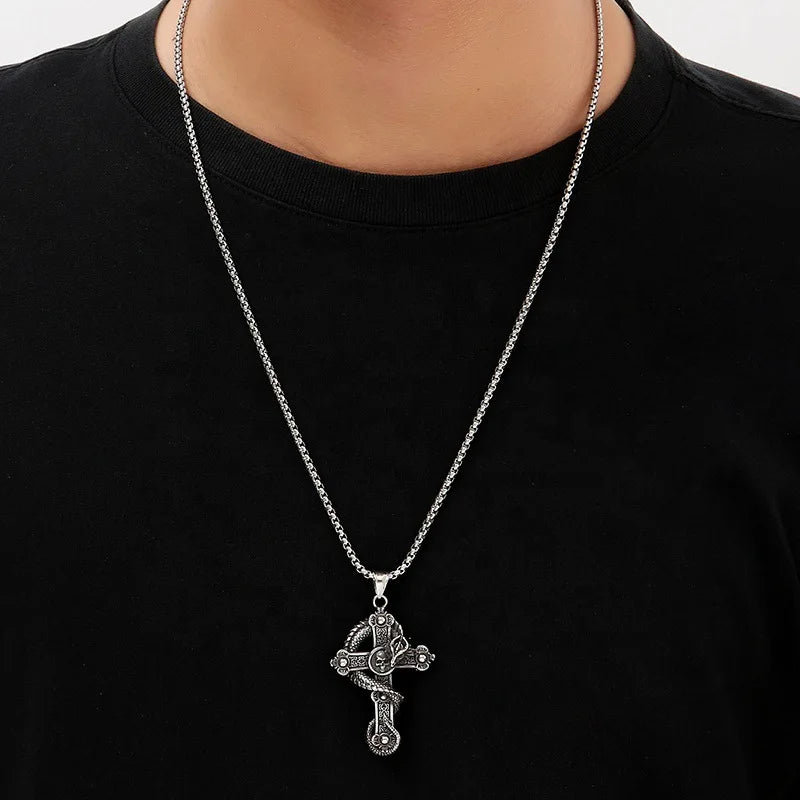 Vleee Vintage Flame Cross Pendant Necklace: Fashionable Long Chain for Women and Men, perfect for Punk Goth style.