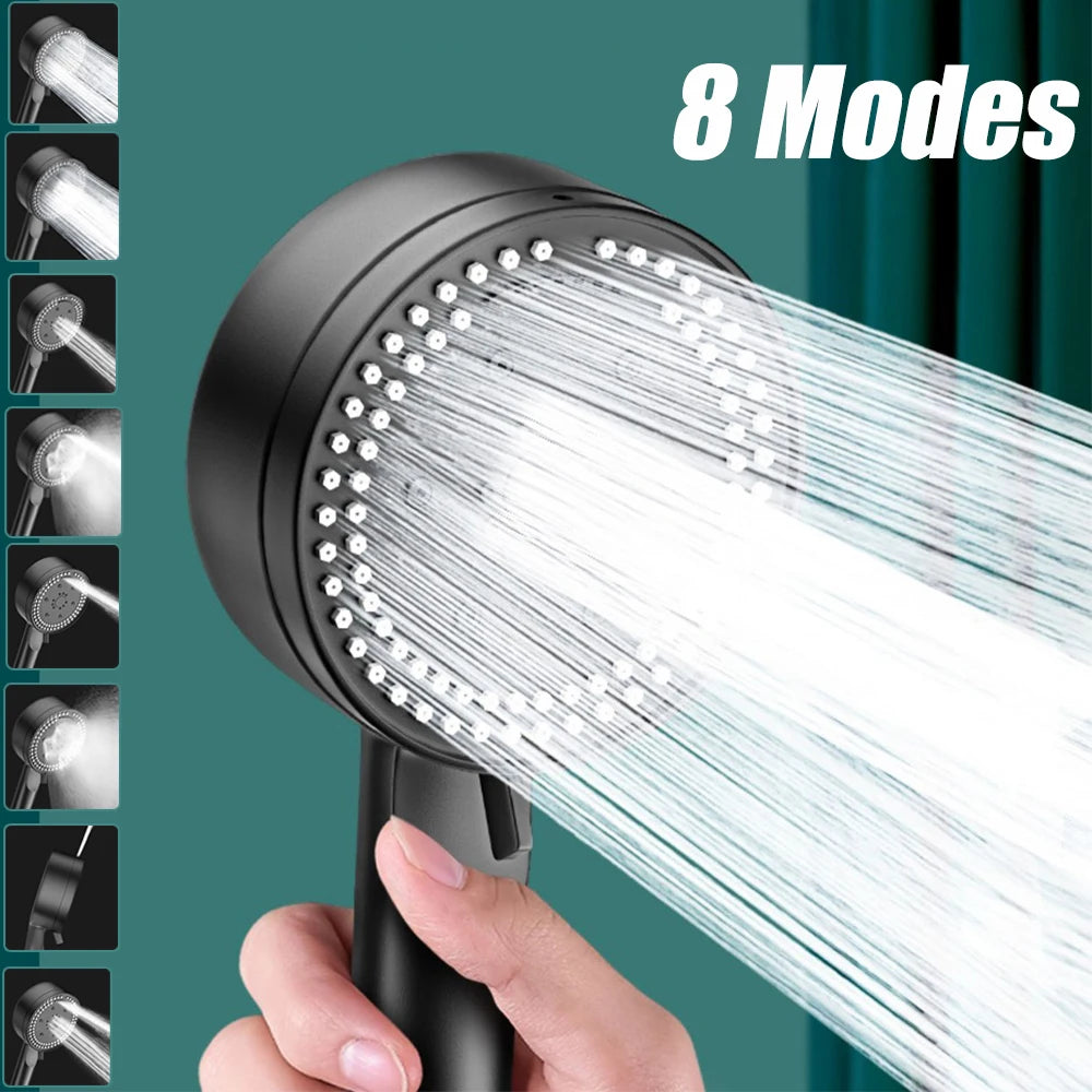 8 Modes Adjustable High-Pressure Water Saving Black Handheld Shower Head with Massage Function | Bathroom Accessories