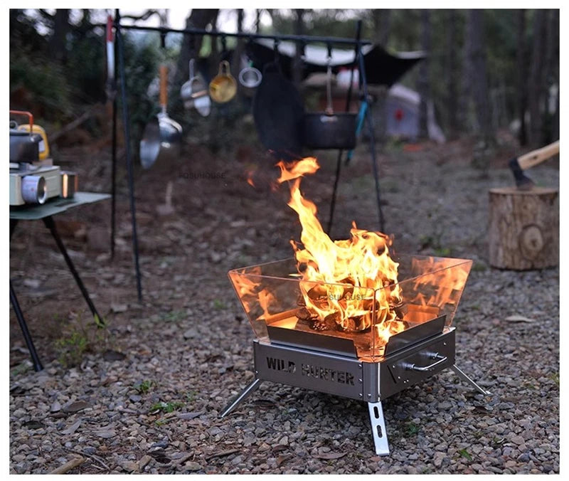 Nordic Stainless Steel Fire Pit Table with BBQ Grill and Glass Wind Guard