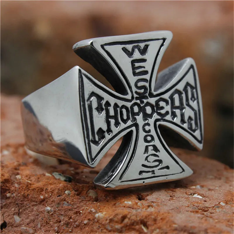 Vleee Stainless Steel Polished Cross Ring: Punk Rider West Coast Style for Men and Boys.