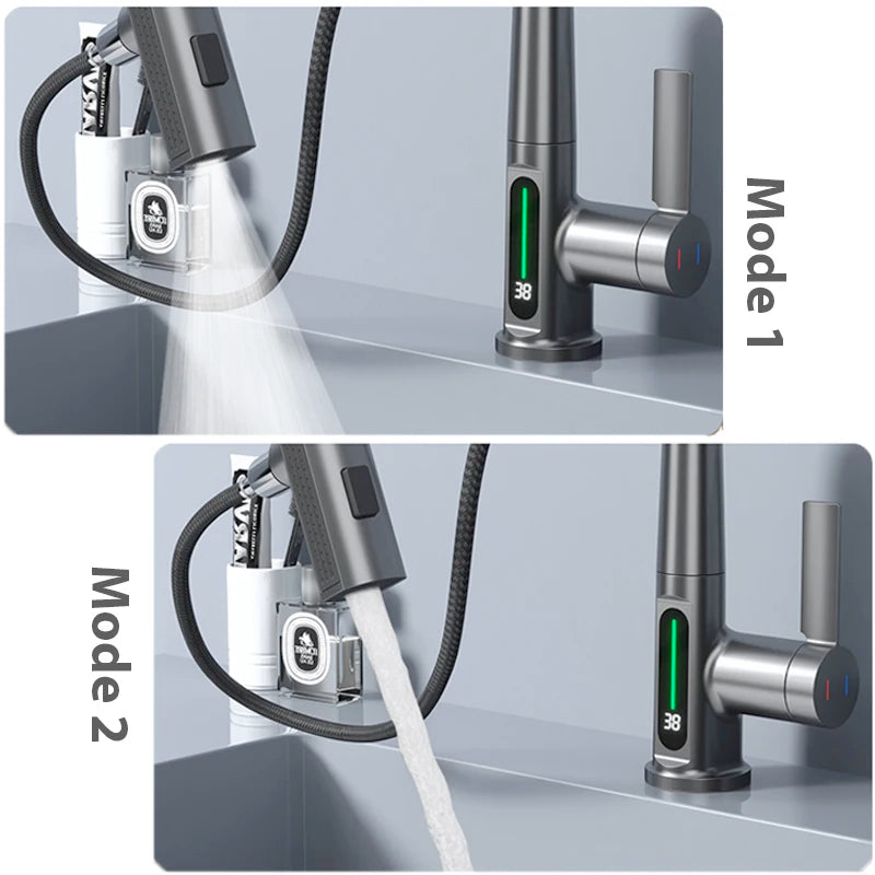 XYlivingstore Waterfall Basin Faucet | Digital Temperature Display & Lift-Up Sprayer