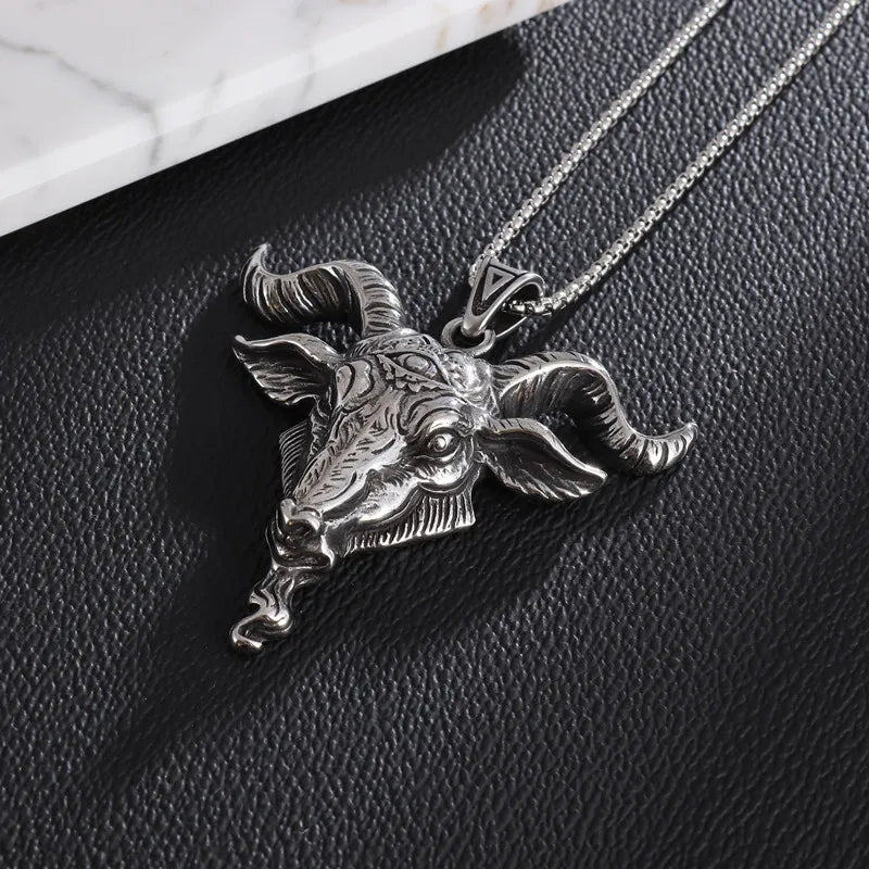 Vleee Retro Gothic Punk Pendant Necklace: Angel Satan Goat Head with Devil Eyes, designed for men with a rebellious edge.