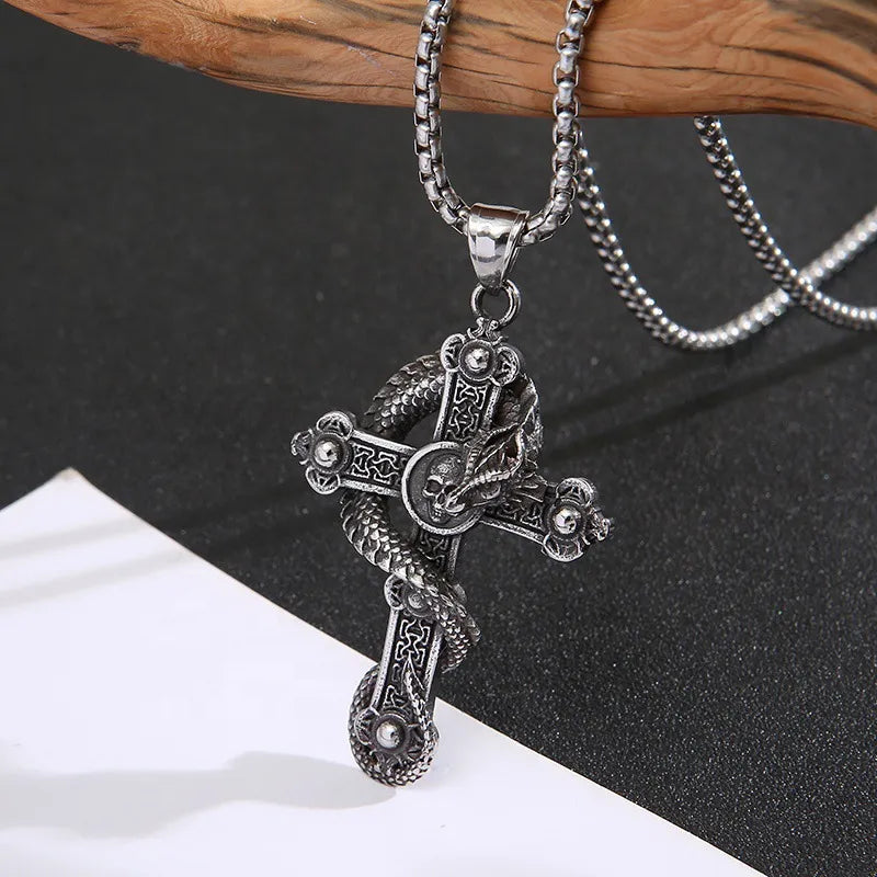Vleee Vintage Flame Cross Pendant Necklace: Fashionable Long Chain for Women and Men, perfect for Punk Goth style.