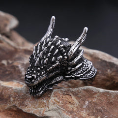 Vleee New Vintage Design: Viking Dragon Head Ring for Men and Boys. Crafted in Stainless Steel, a Punk Fashion Animal Ring.