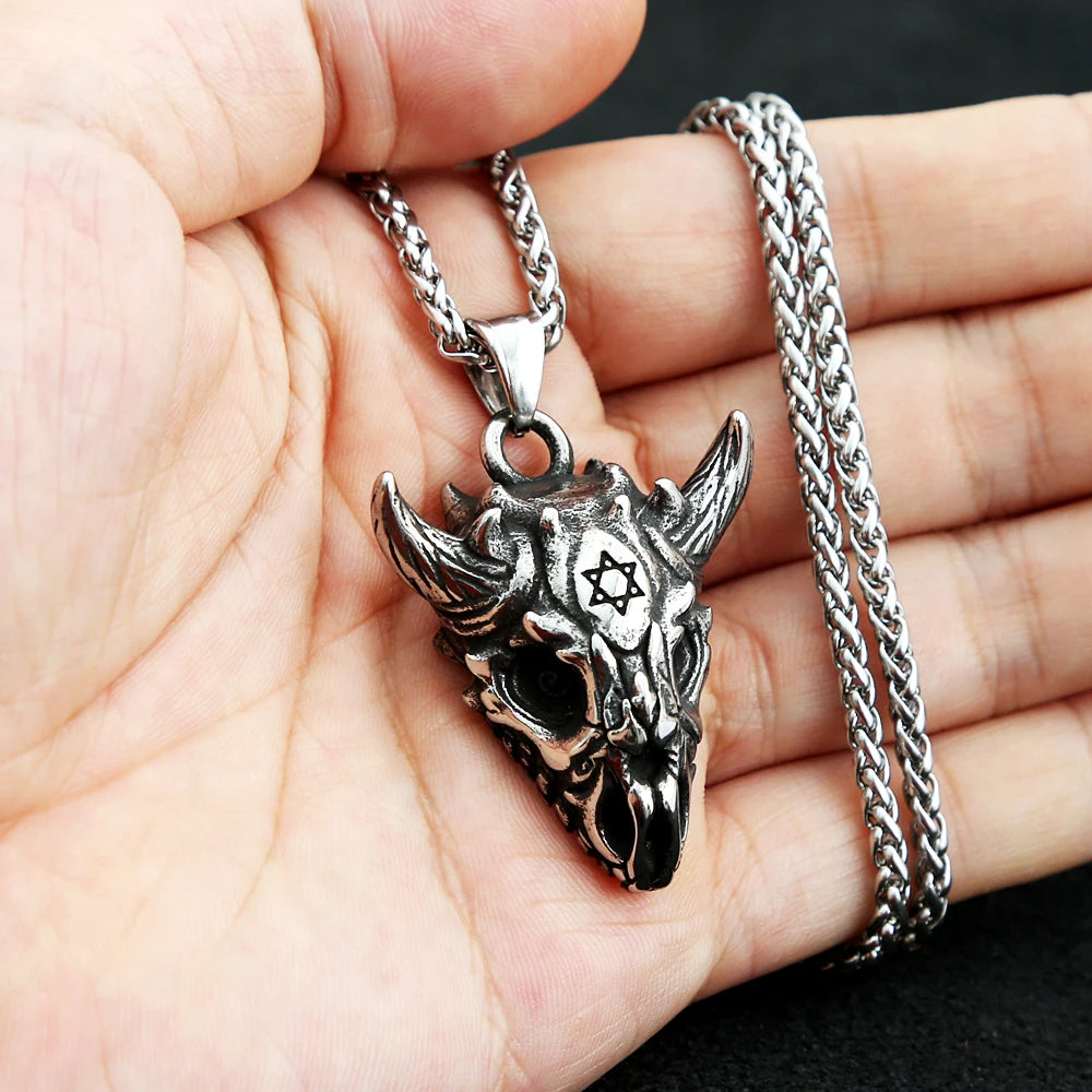 Vleee Gothic Retro Dragon Star of David Necklace: Punk Stainless Steel Skull Pendant Necklace with a touch of vintage charm.