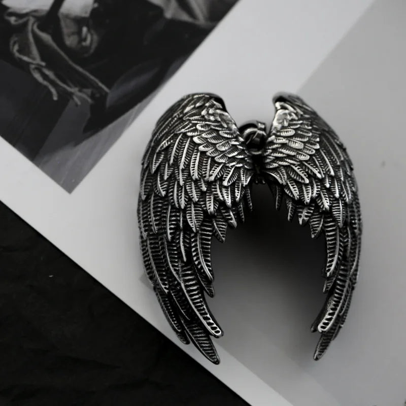 Vleee Vintage Men's Stainless Steel Angel Wings Pendant Necklace: Punk Hip Hop Style.