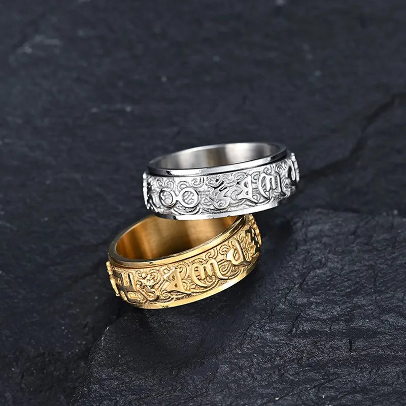 Vleee 8mm Stainless Steel Spinner Ring: Tibetan Buddhist Mantra Sanskrit Style for Men and Women, available in Sizes 6-12.
