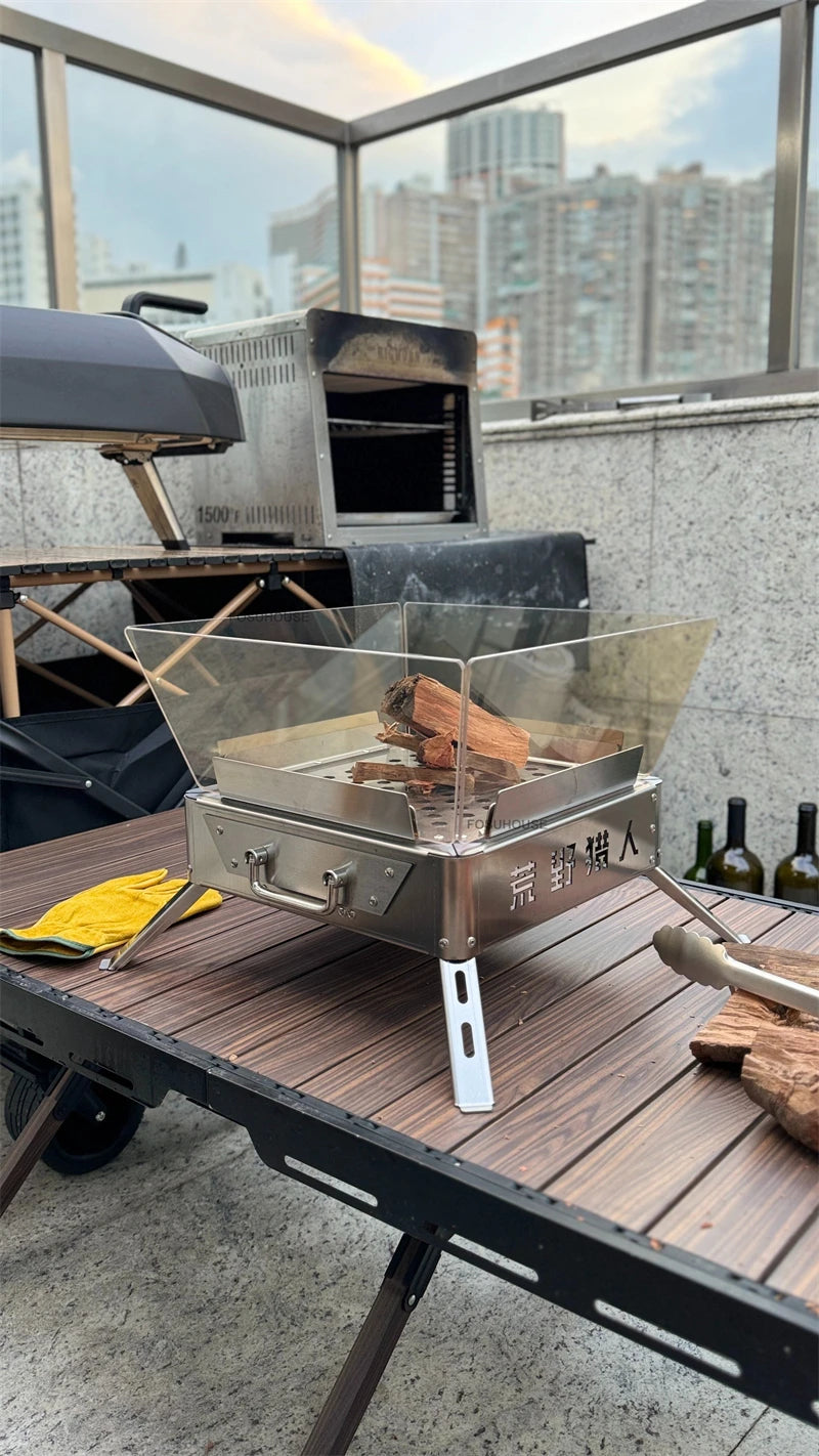 Nordic Stainless Steel Fire Pit Table with BBQ Grill and Glass Wind Guard