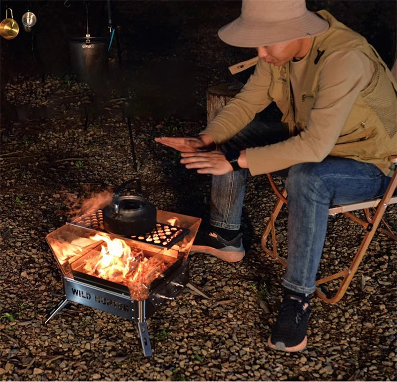 Nordic Stainless Steel Fire Pit Table with BBQ Grill and Glass Wind Guard