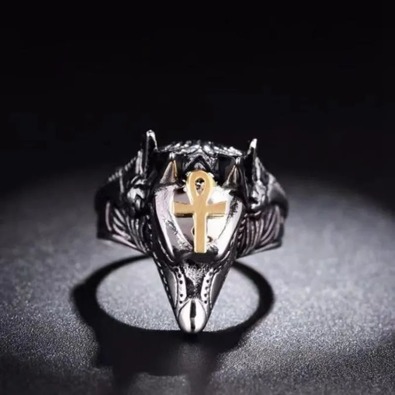 Vleee Anubis Death Open Ring: Men's Wolf Head Self-Defense Master Single Finger Ring.