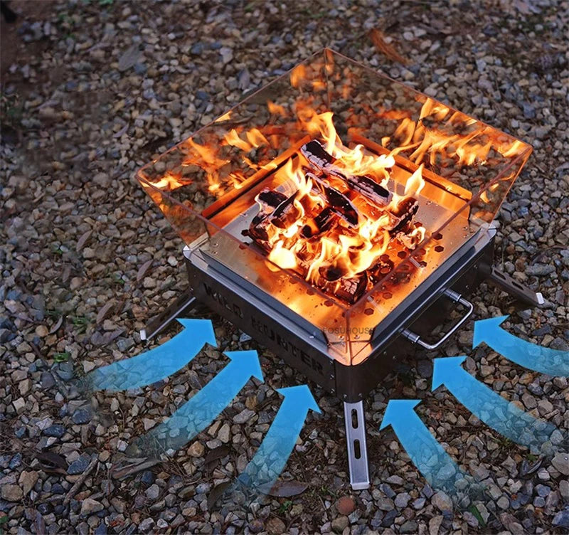 Nordic Stainless Steel Fire Pit Table with BBQ Grill and Glass Wind Guard