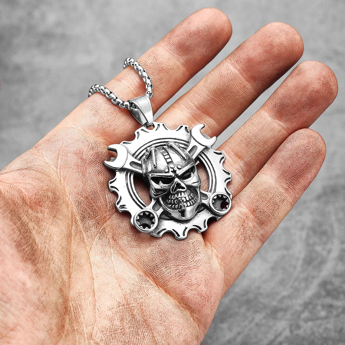 Vleee Mechanical Wrench Gear Skull Necklace: Stainless Steel Pendant Chain for Men and Women, Perfect for Punk Motorcycle Style.