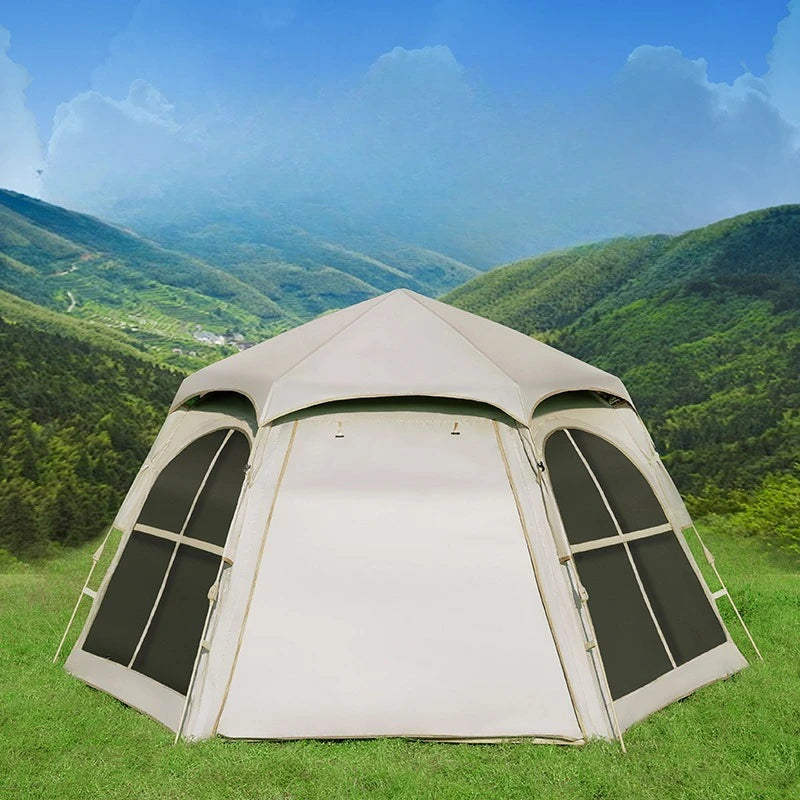 Portable Camping Tent Quick Setup, Foldable Hexagon Sunshade, UV-Proof Black Silver Coated, 3-5 Person Outdoor Shelter