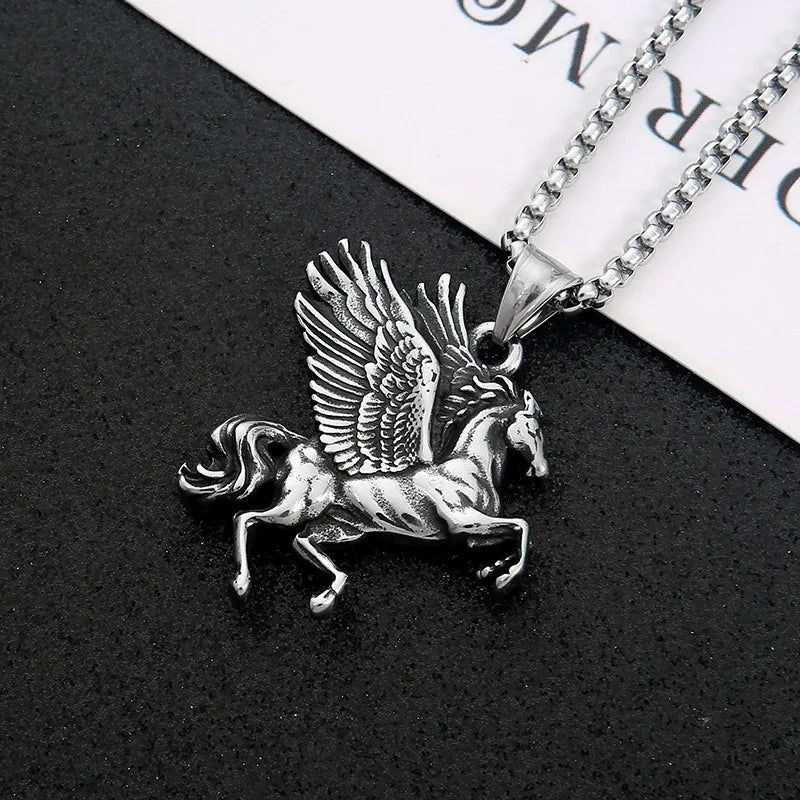Vleee Vintage Greek Mythology Titanium Steel Pegasus Unicorn Pendant Necklace: Featuring the Majestic Double-Winged Pegasus.