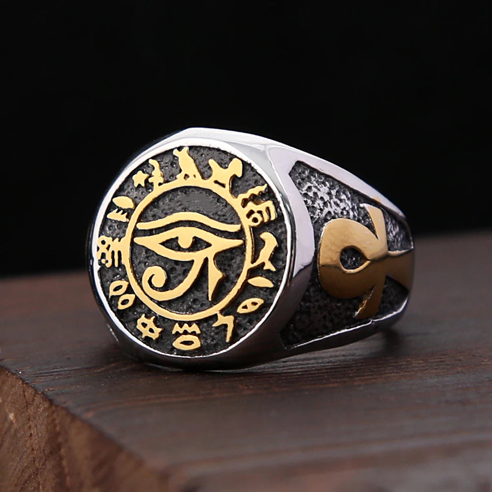 Vleee Vintage Stylish Ring: Egyptian Eye of Horus Design for Men and Women in Punk Stainless Steel, featuring a Cross element.