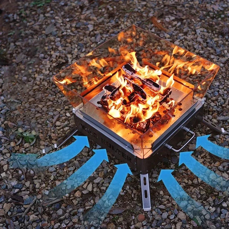 Nordic Stainless Steel Fire Pit Table with BBQ Grill and Glass Wind Guard