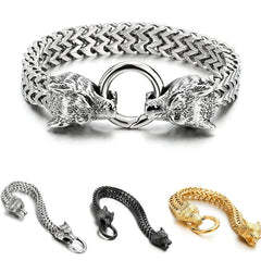 Vleee Fashionable Multi-Layered Cuban Chain Bracelet: Featuring a Charming Viking Wolf Head Design, Perfect Men's Fashion Accessory.