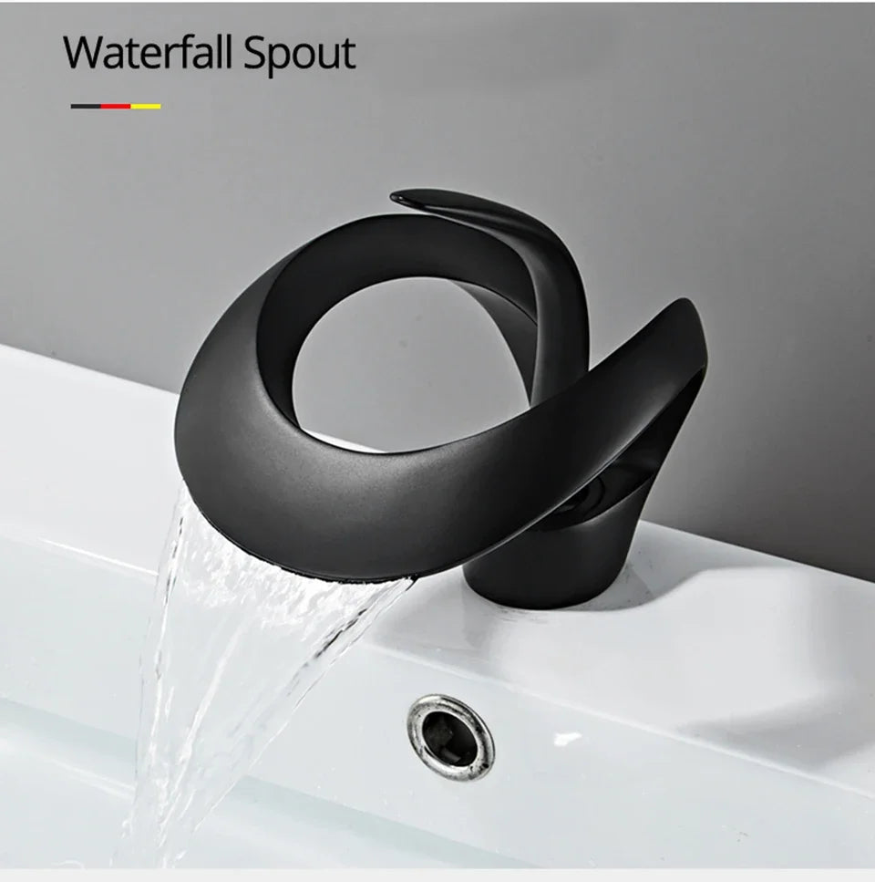 Matte Gold and Black Waterfall Bathroom Basin Faucet – Brass Vanity Sink Mixer Tap for Hot and Cold Water