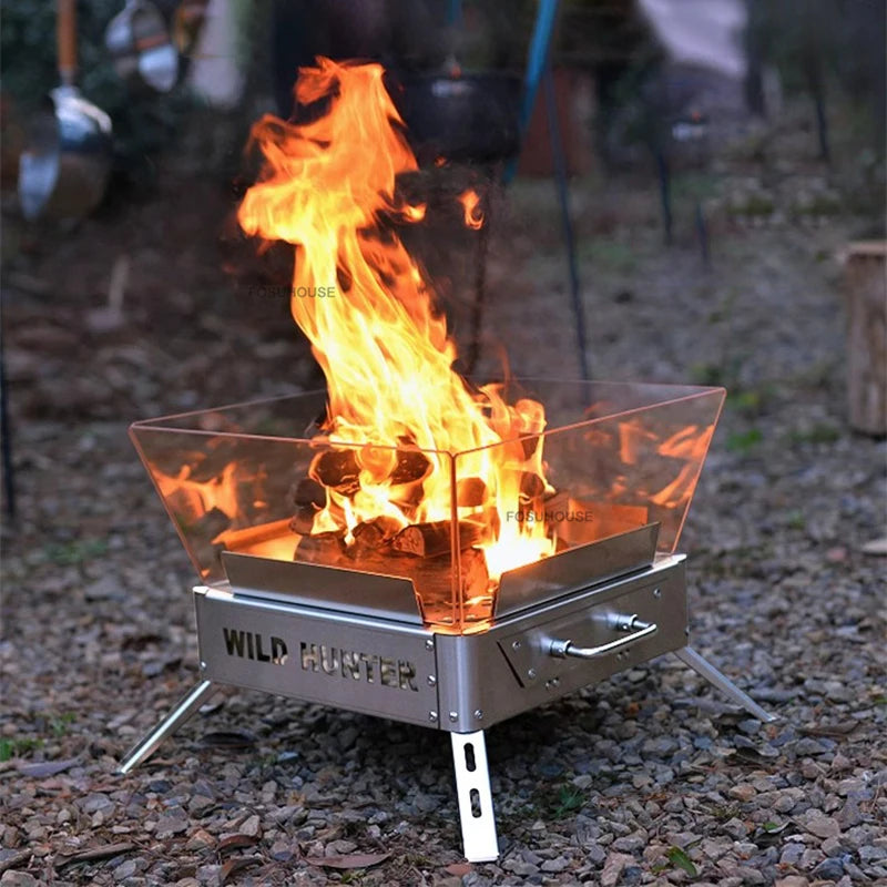 Nordic Stainless Steel Fire Pit Table with BBQ Grill and Glass Wind Guard