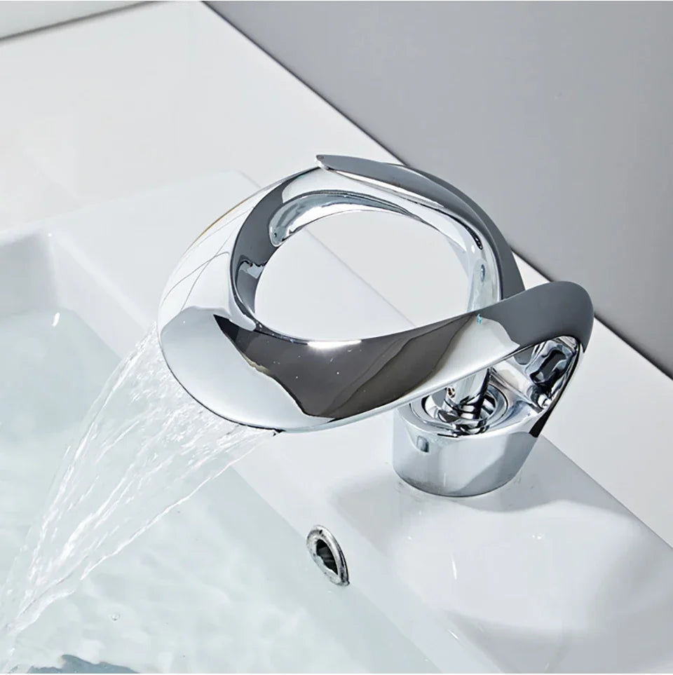 Matte Gold and Black Waterfall Bathroom Basin Faucet – Brass Vanity Sink Mixer Tap for Hot and Cold Water