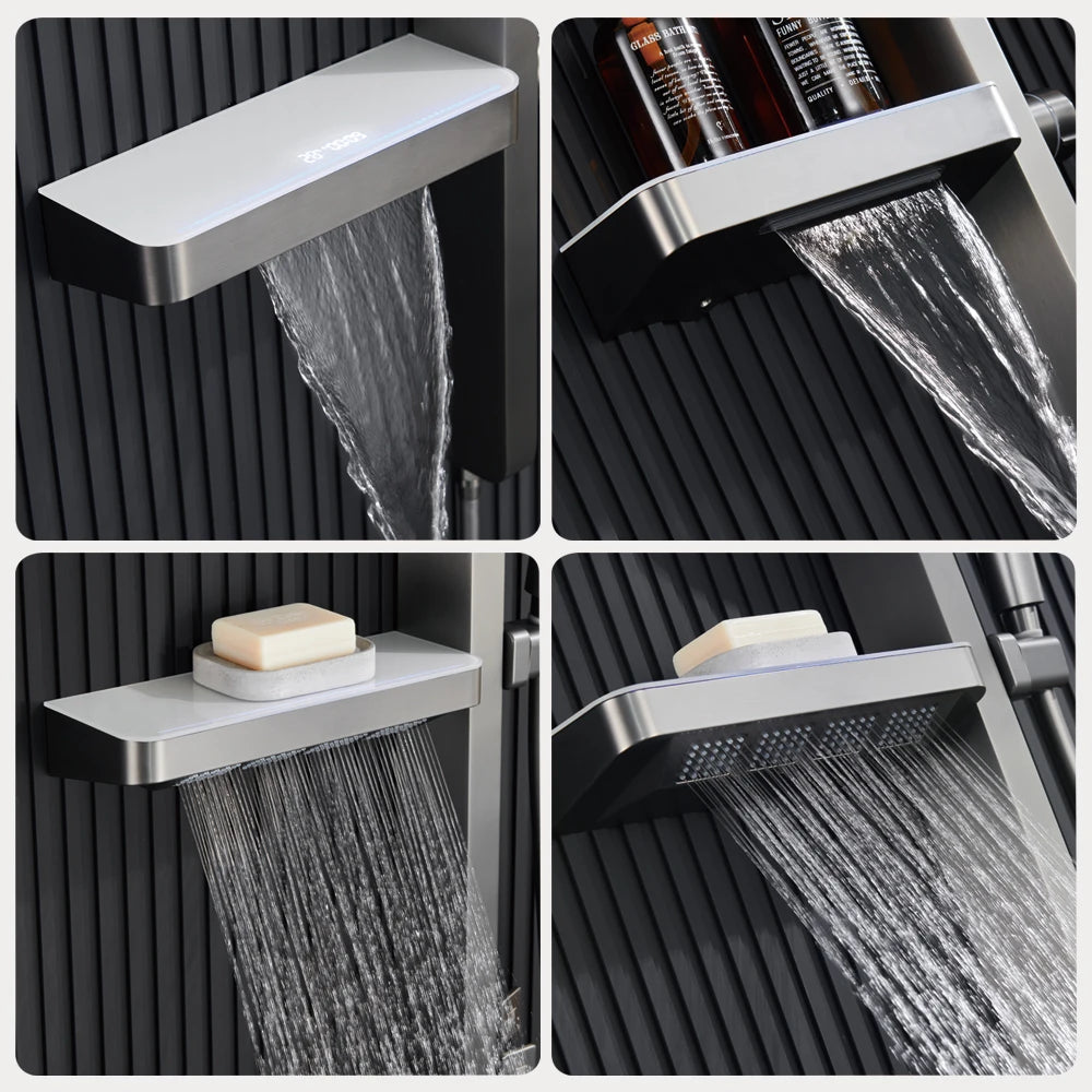 Wall-Mounted Smart LED Rainfall Shower System with Digital Temperature Display and Waterfall Faucet – Luxury Bathroom Upgrade