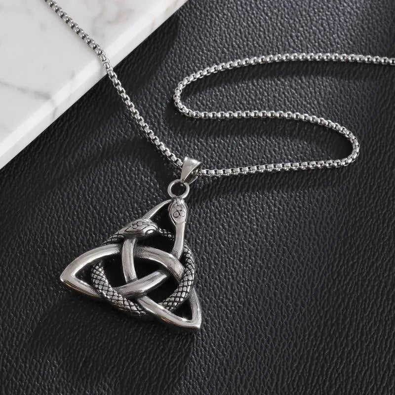 Vleee Timeless Style: Vintage Ouroboros Trinity Necklace featuring a Nordic Celtic Knot Amulet Pendant.