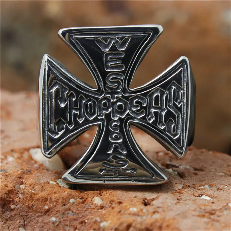 Vleee Stainless Steel Polished Cross Ring: Punk Rider West Coast Style for Men and Boys.