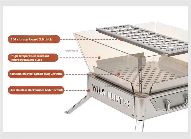 Nordic Stainless Steel Fire Pit Table with BBQ Grill and Glass Wind Guard