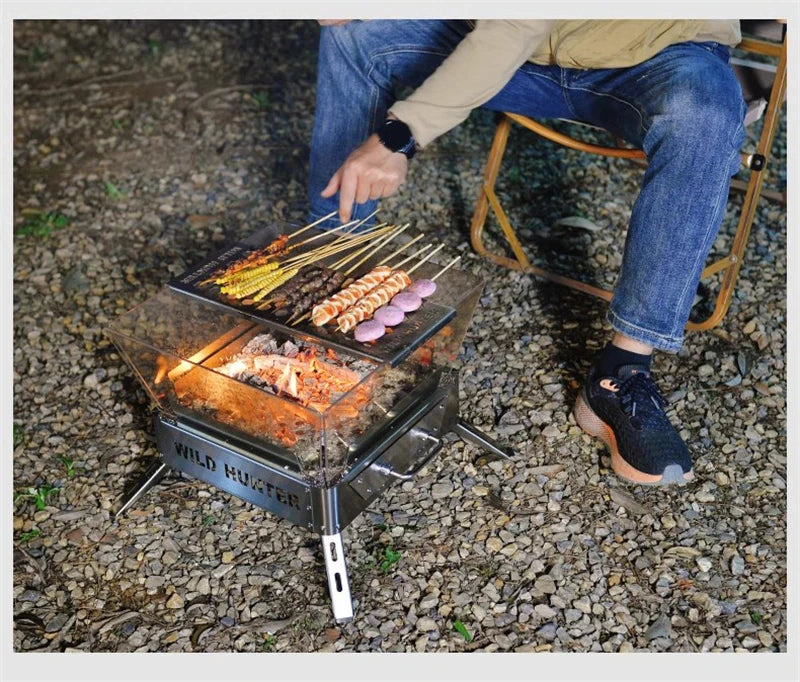 Nordic Stainless Steel Fire Pit Table with BBQ Grill and Glass Wind Guard