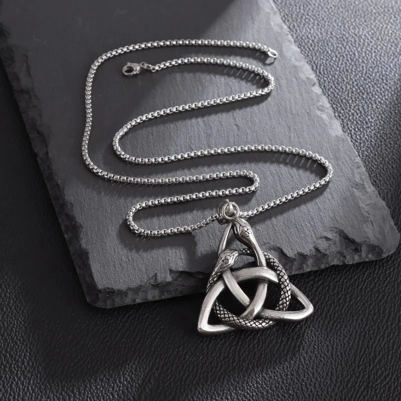Vleee Timeless Style: Vintage Ouroboros Trinity Necklace featuring a Nordic Celtic Knot Amulet Pendant.