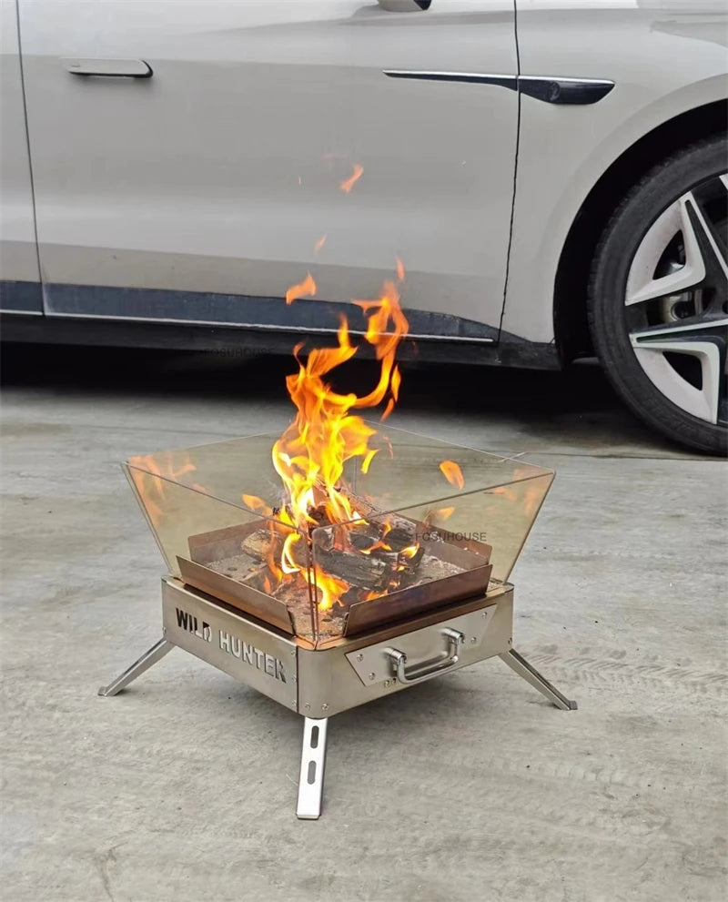 Nordic Stainless Steel Fire Pit Table with BBQ Grill and Glass Wind Guard