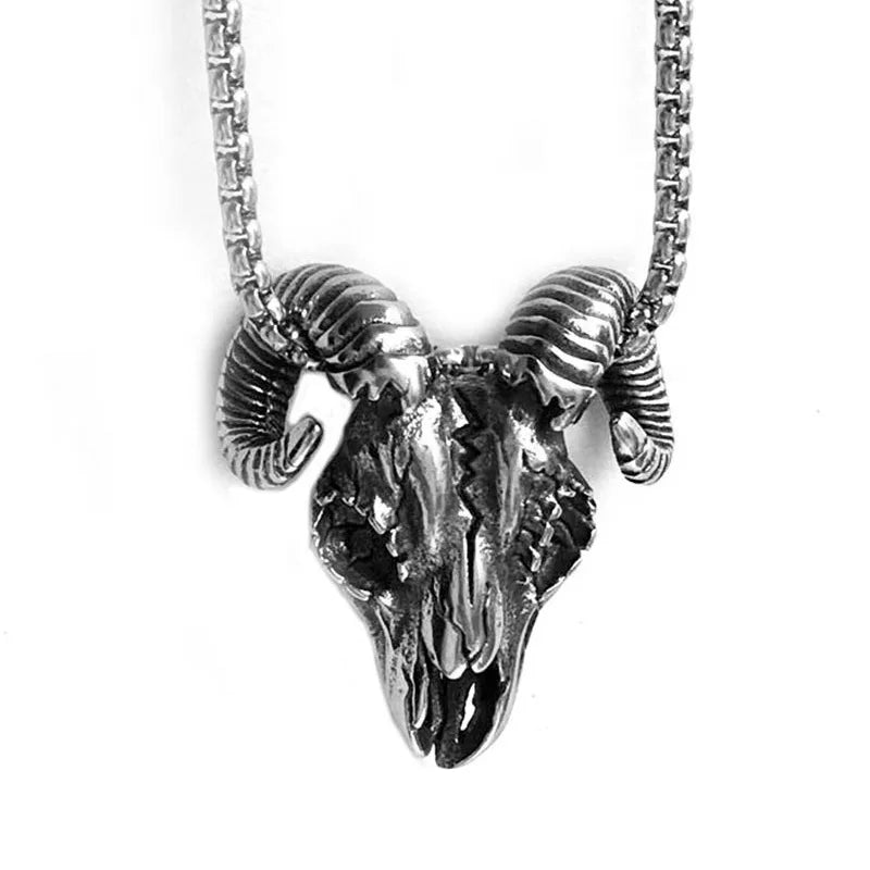 Vleee Vintage Goat Skull Pendant Necklace: Stainless Steel Gothic Satanic Style, suitable for Men and Women in Punk fashion.